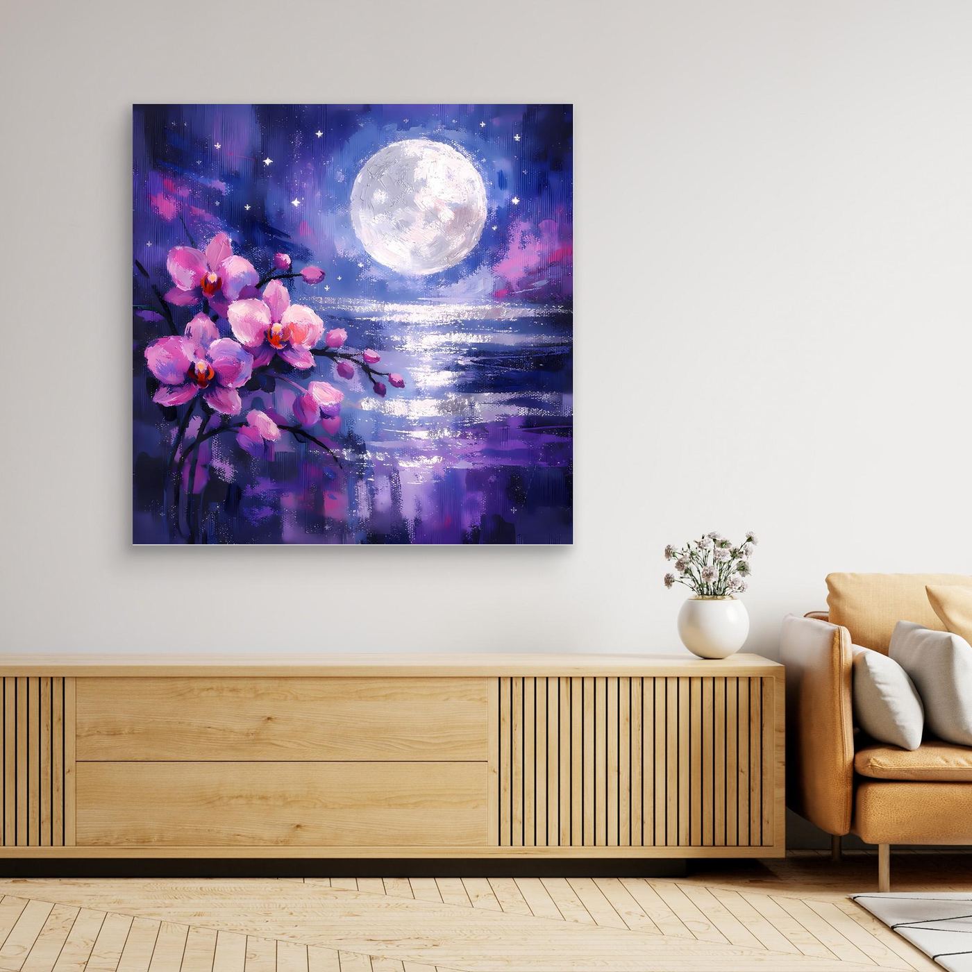 Leinwand-Wandbild mit rosa Orchideen und Vollmond über blau-violetter Wasseroberfläche