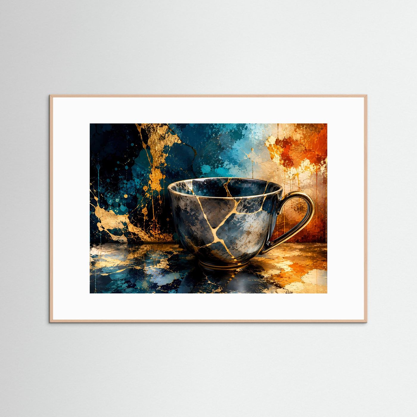 Kintsugi Tasse Poster Querformat | Moderne Japanische Wandkunst in Blau & Gold | Elegantes Stillleben Wandbild