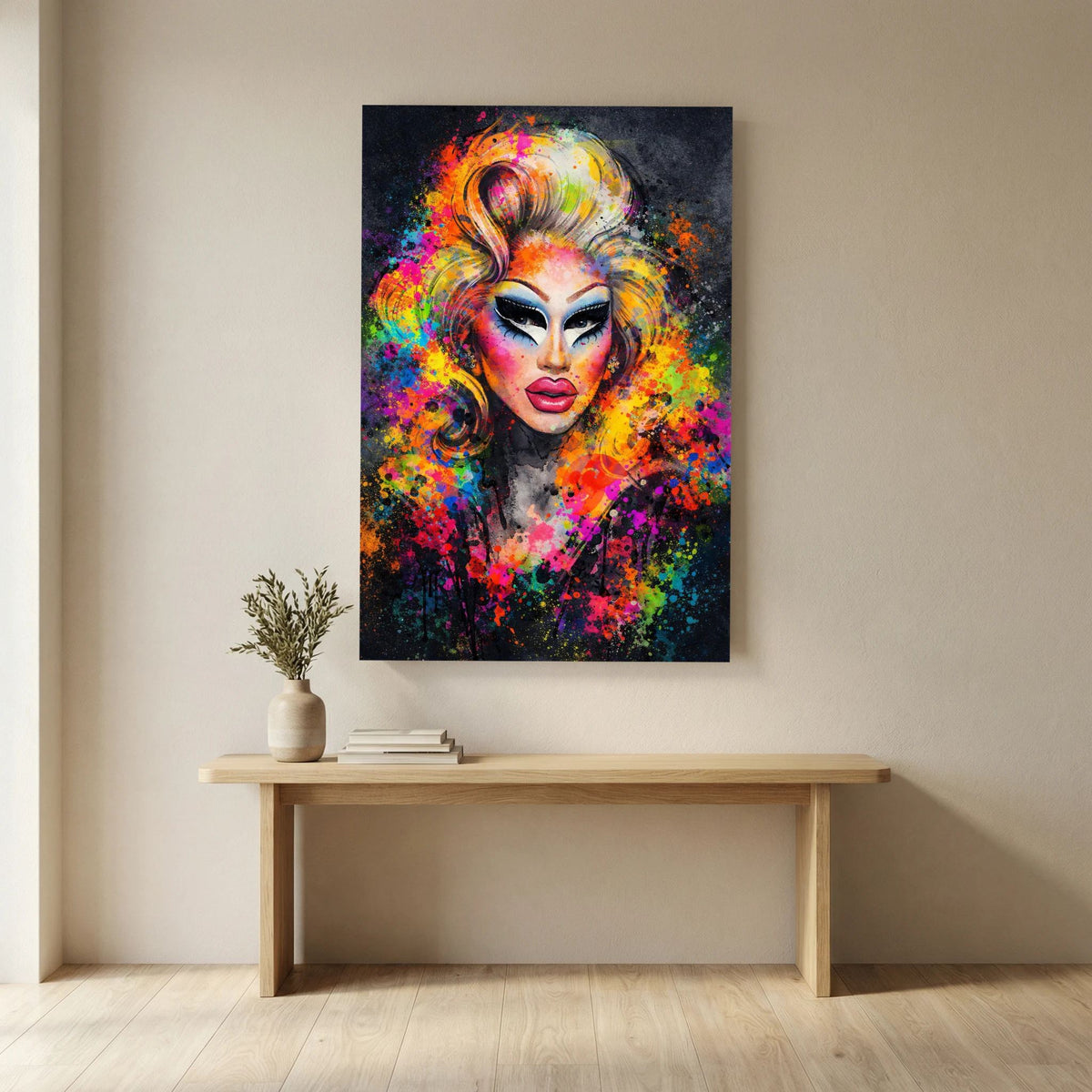 Wandbild: Drag-Queen-Porträt mit abstrakten Farbwirbeln, Hochformat, ohne sichtbaren Rahmen