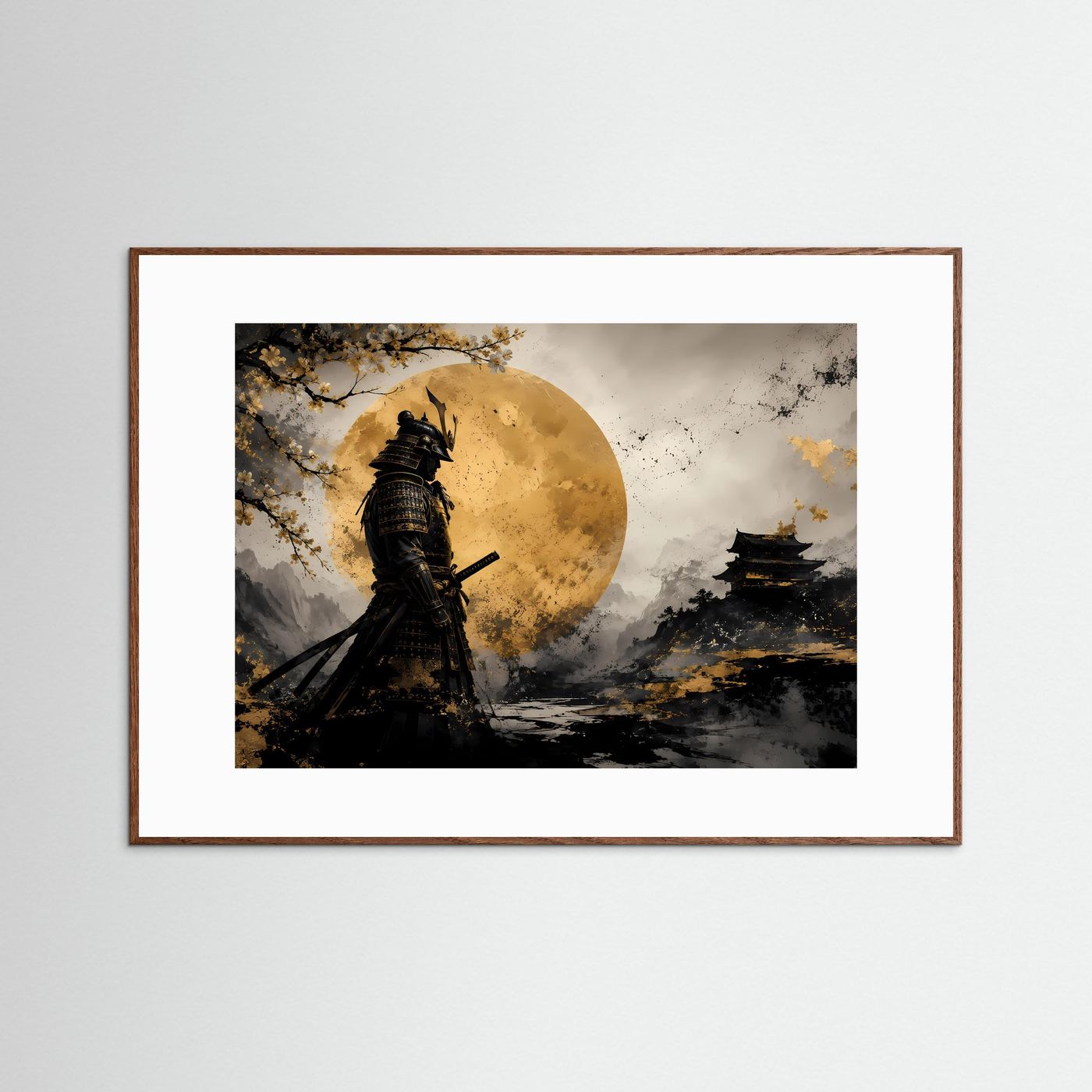 Einsamer Samurai vor goldenem Mond | Japanische Kunst & Kirschblüten Poster