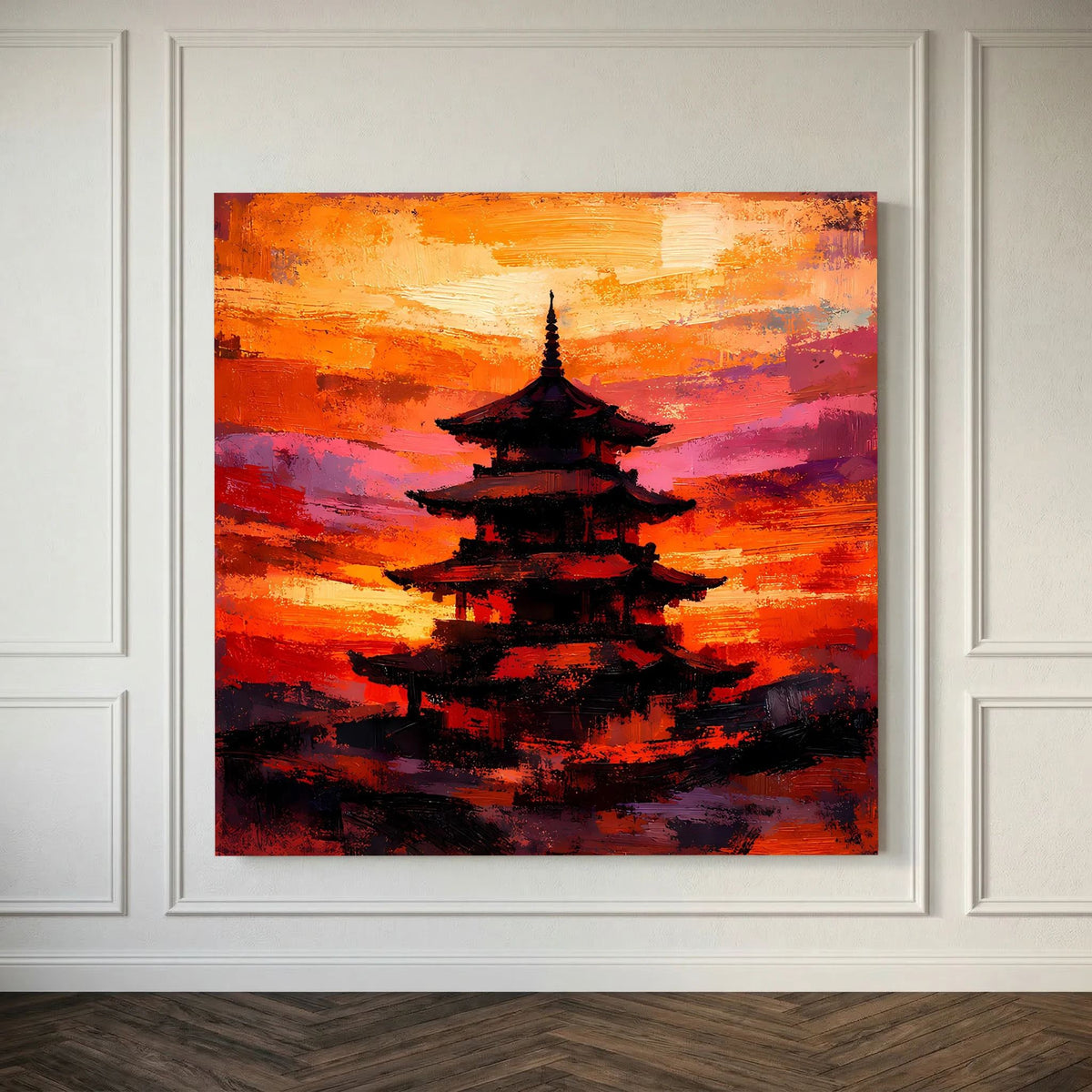 Japanisches Pagoden-Leinwandbild mit dunkler Silhouette vor orange-pinkem Sonnenhimmel