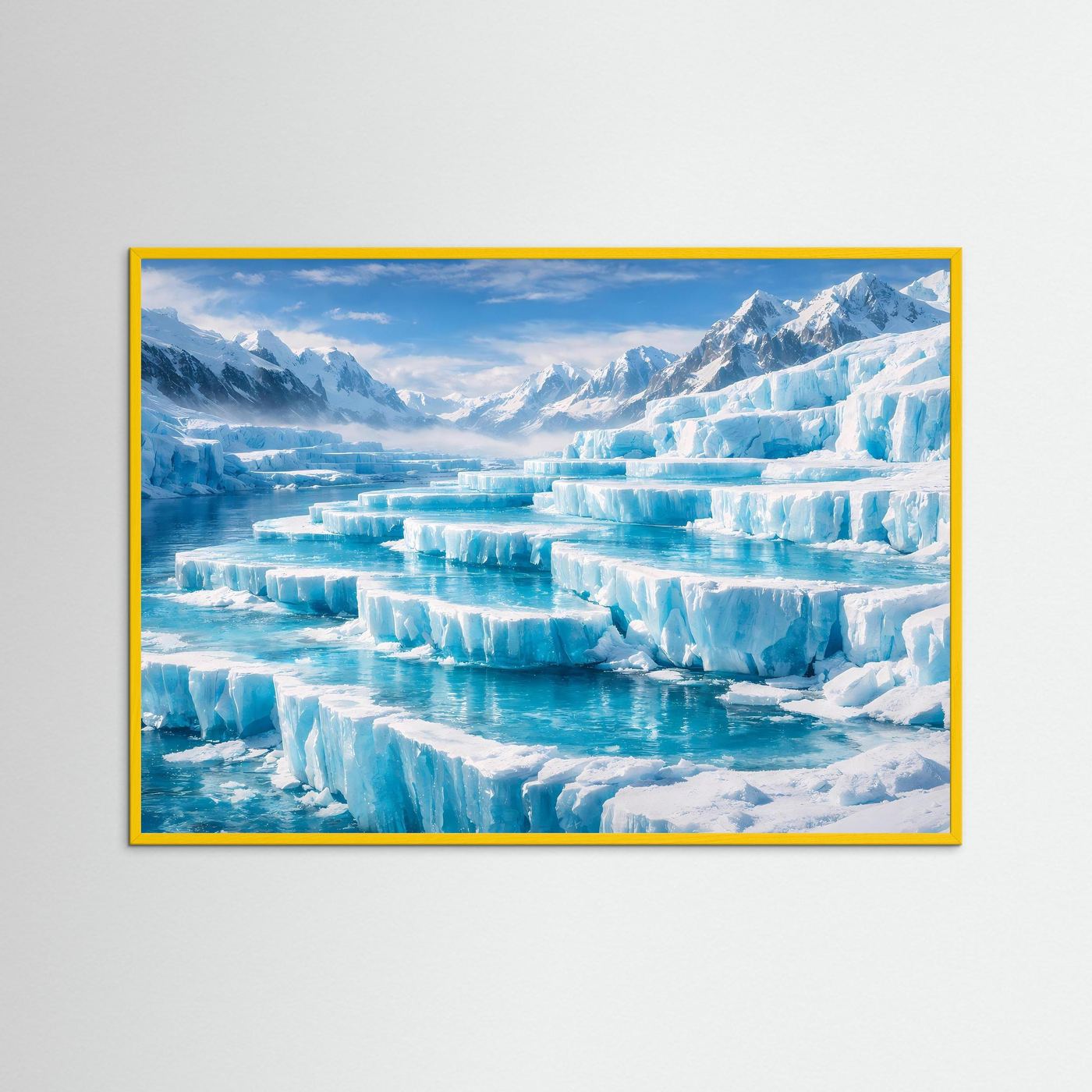 Wandbild mit Gletscherlandschaft: eisige Berge und blaues Eis, blauer Rahmen