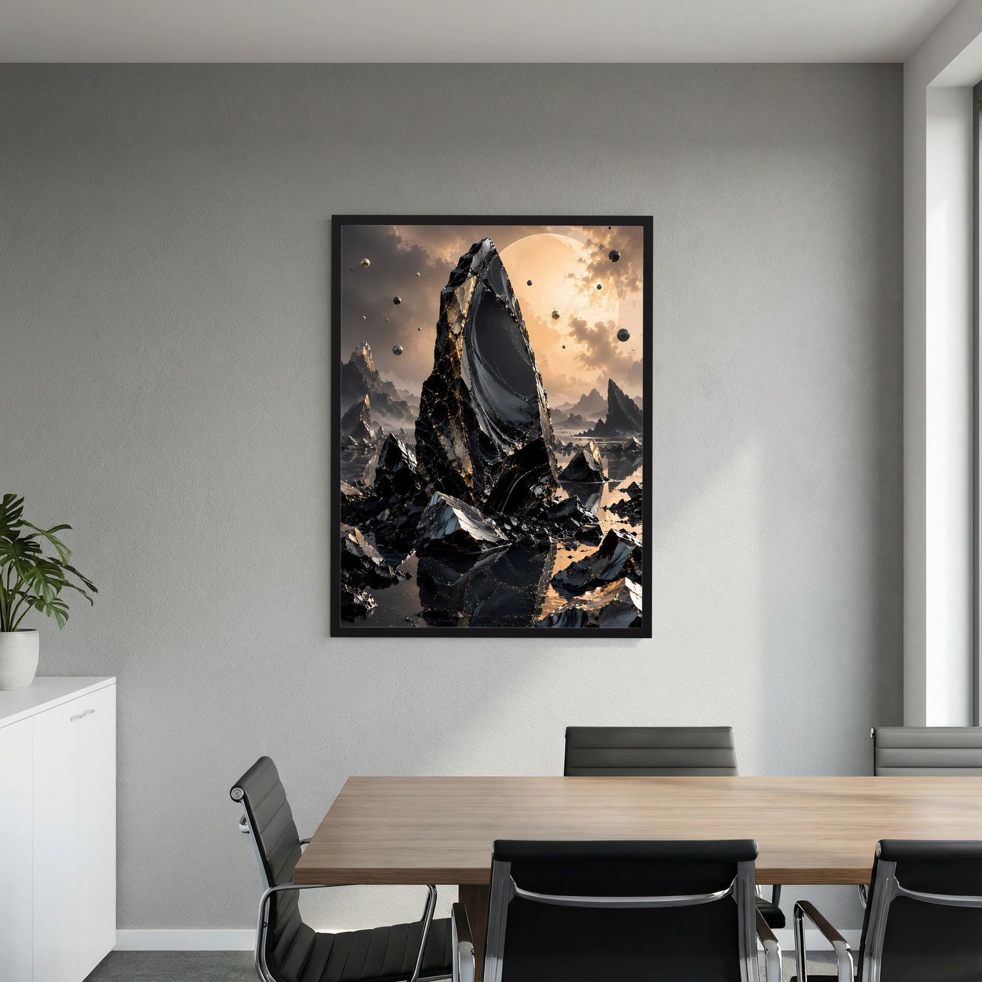 Gerahmtes Poster an der Wand: schwarzer Monolith, steinige Formen, goldene Akzente