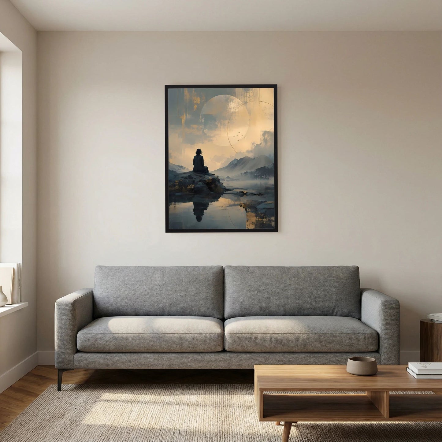 Gerahmtes Wandposter im Hochformat: Meditationsfigur auf Fels im See, Berge, gold-graue Mondkulisse.