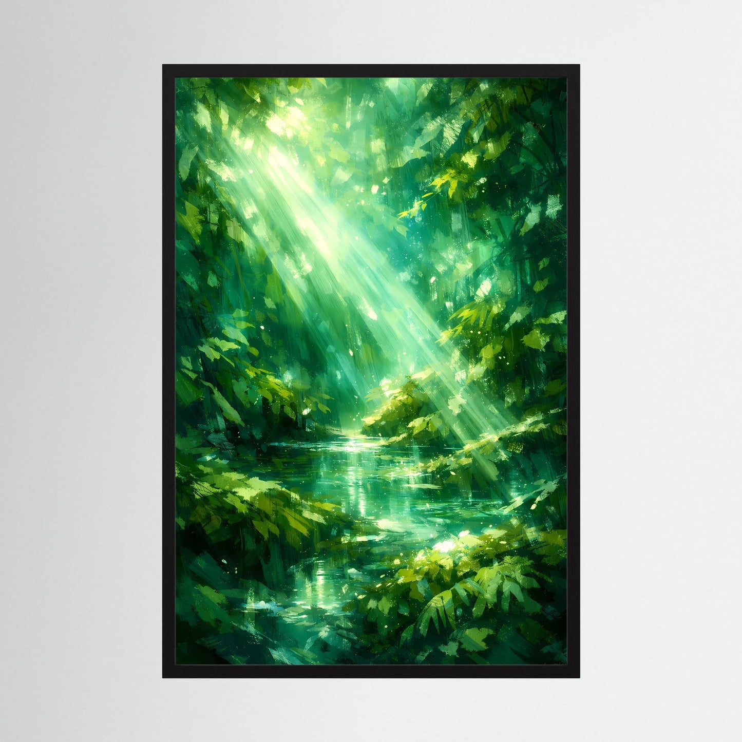 Poster im schwarzen Rahmen mit grünem Waldsee und Sonnenstrahlen durch Blätter