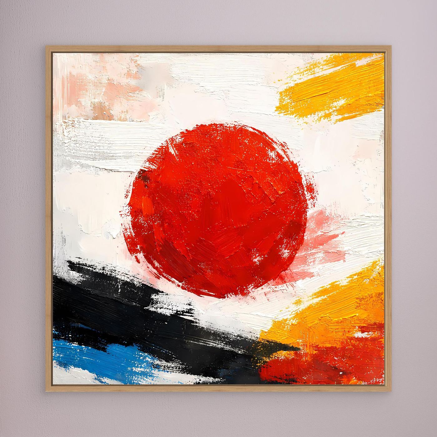 Abstraktes Leinwandbild mit roter Sonne, gelben Flächen und blau-schwarzer Linie