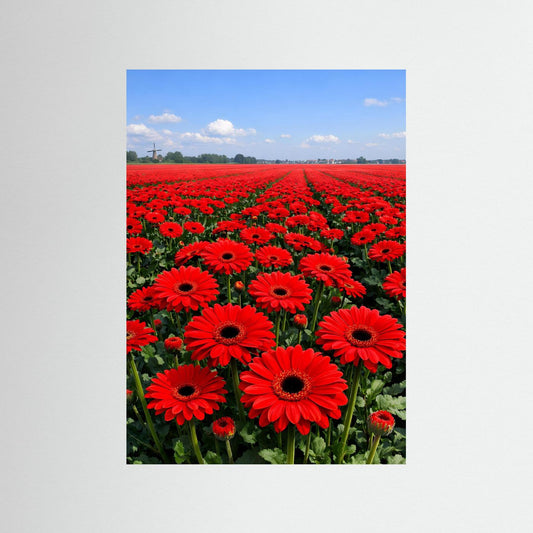 Hochformatiges Blumenposter mit rotem Gerbera-Meer und Feldweg, ohne Rahmen