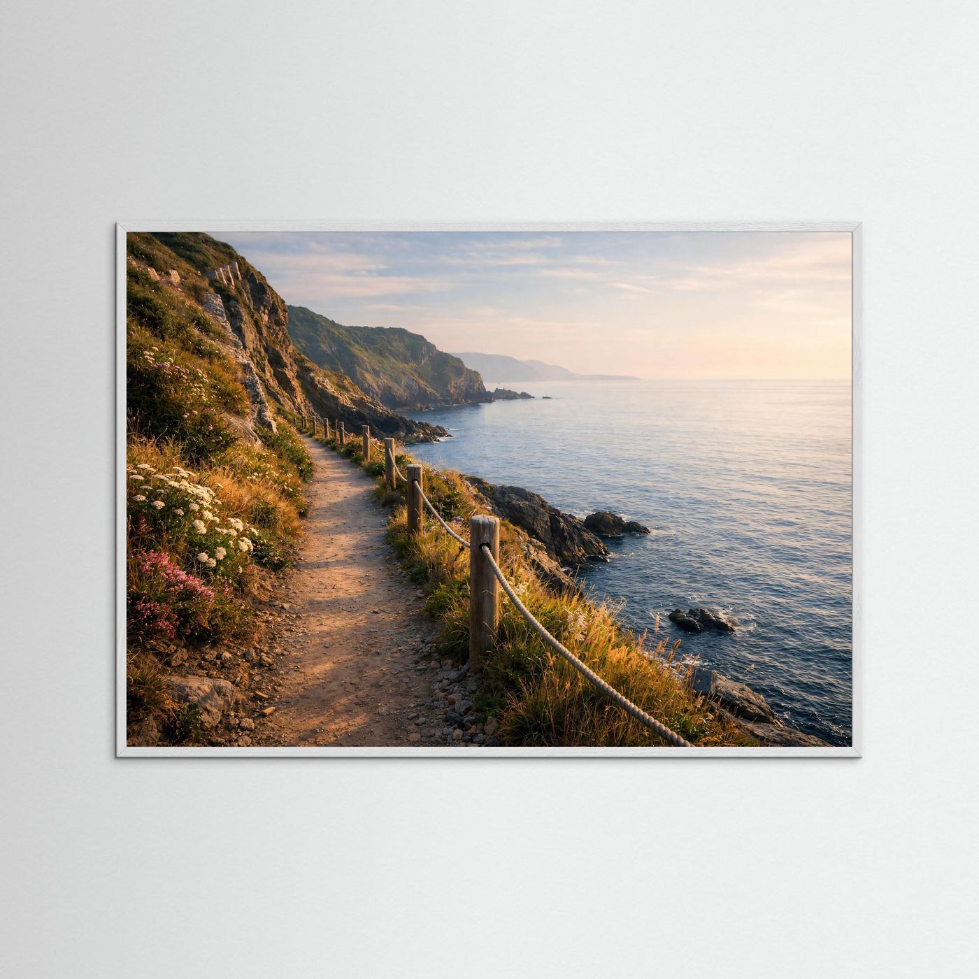 Wandposter mit Küstenpfad entlang der Klippen, Meer und Dämmerungslicht; weißer Holzrahmen.