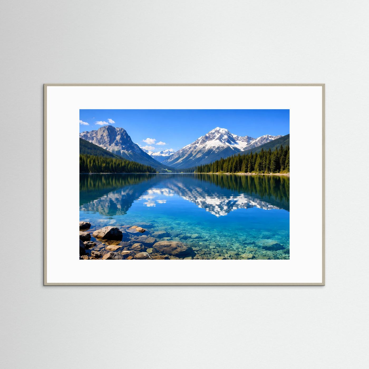 Naturposter im Querformat mit hellem braunem Rahmen: Alpensee mit Spiegelung