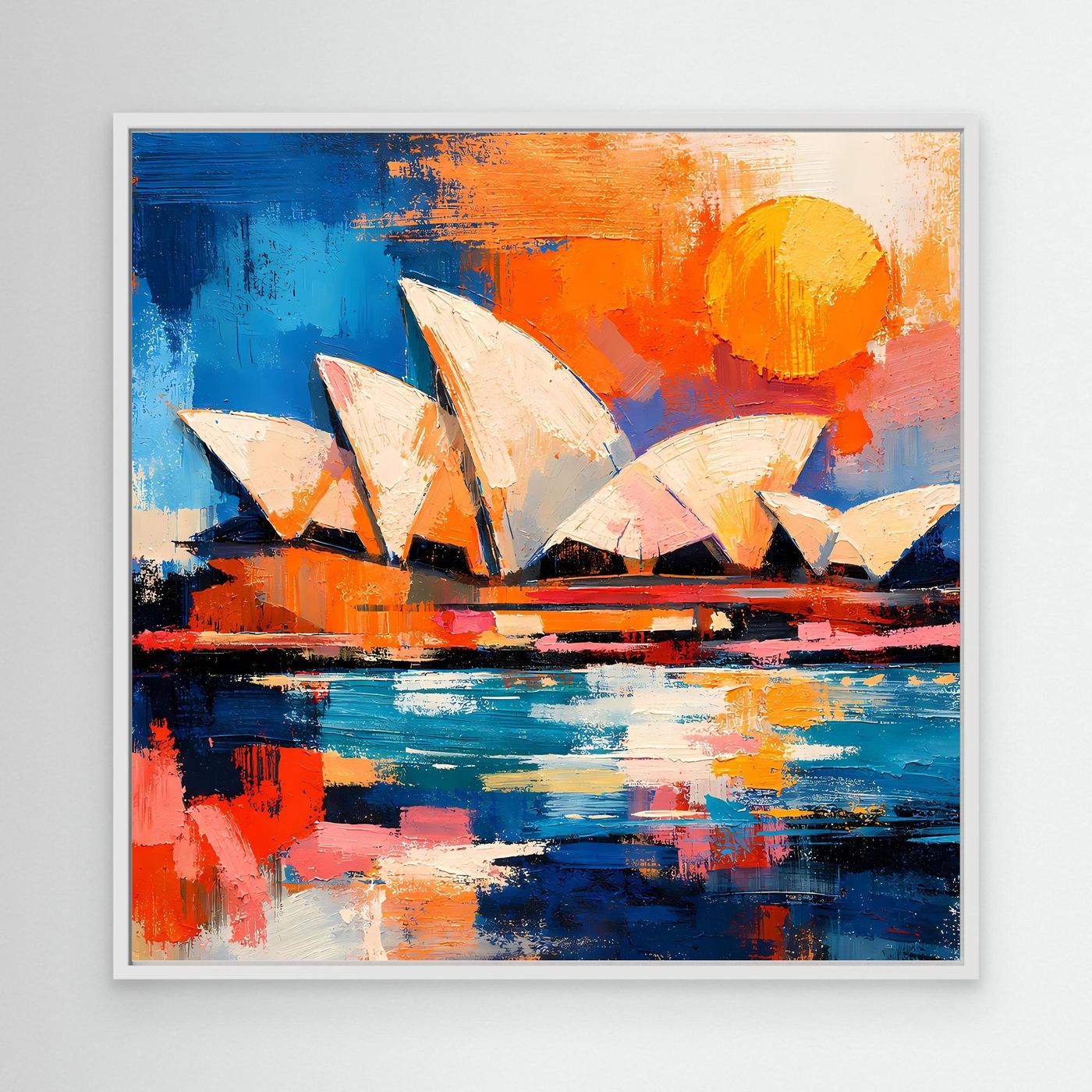 Abstract Sydney Opera House wall art canvas in white frame with blue water and orange sun