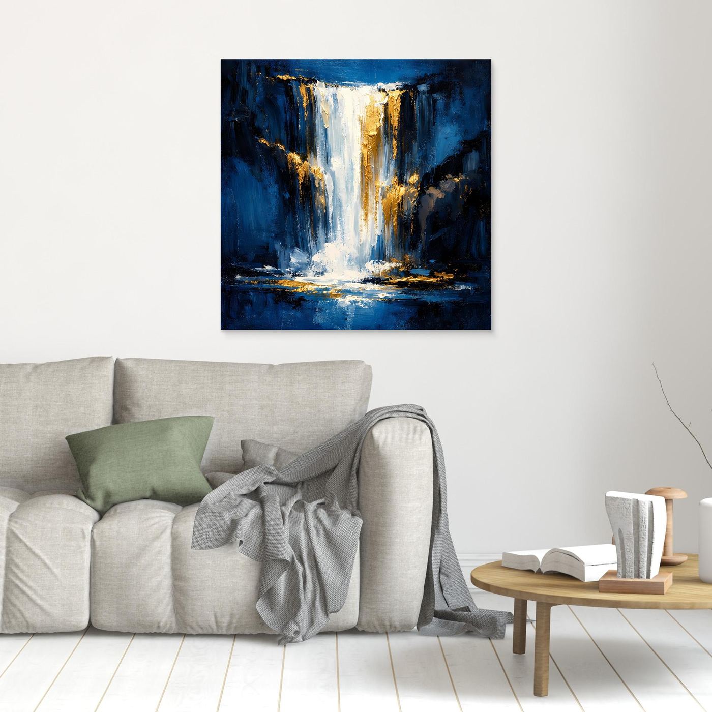 Leinwand Abstraktes Wasserfall Gemälde in Dunkelblau und Gold | Modernes Natur Wandbild