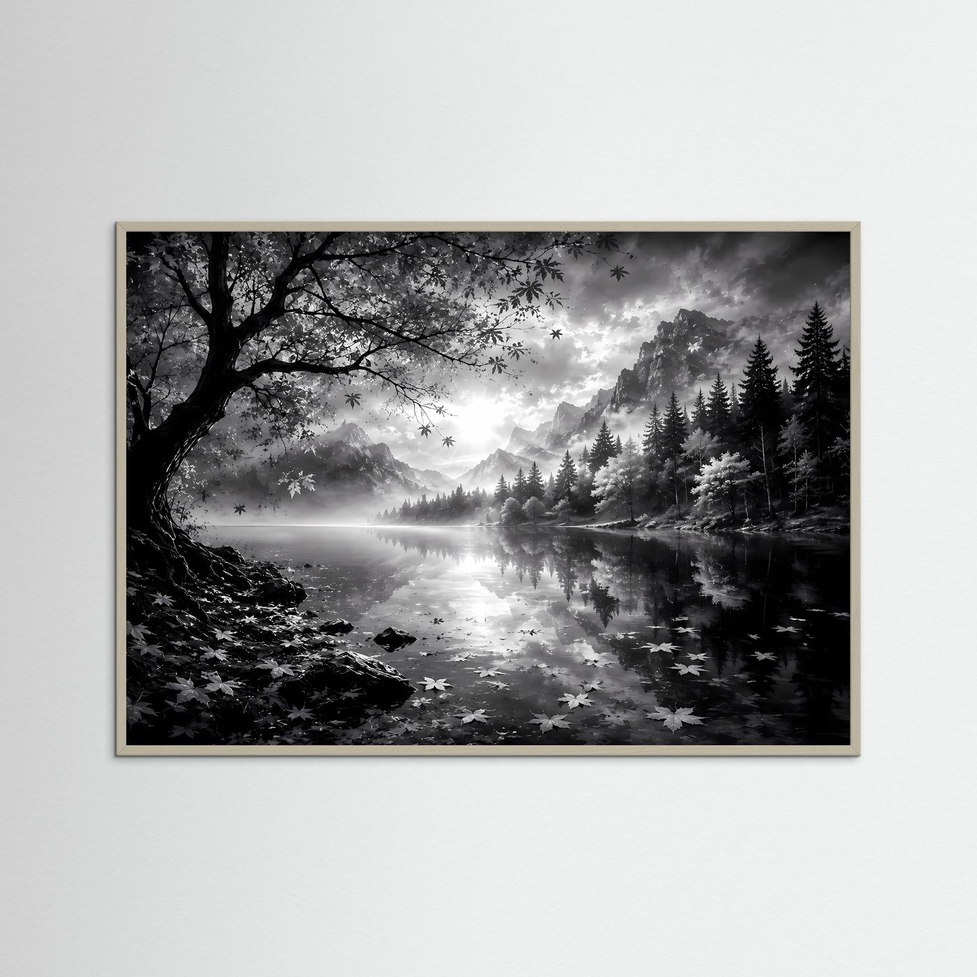 Schwarz Weiß Landschaft Poster | Bergsee Wandbild | Nebel Berge Natur | Monochrome Wandkunst | Moderner Fine Art Print