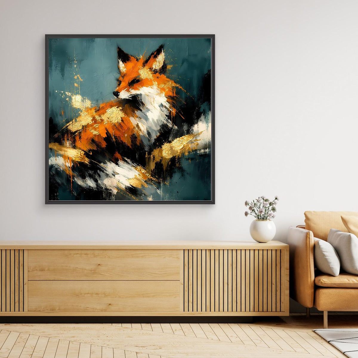 Wandbild: abstrakter Fuchs in Orange, Weiß und Gold auf Petrolgrund, schwarzer Rahmen