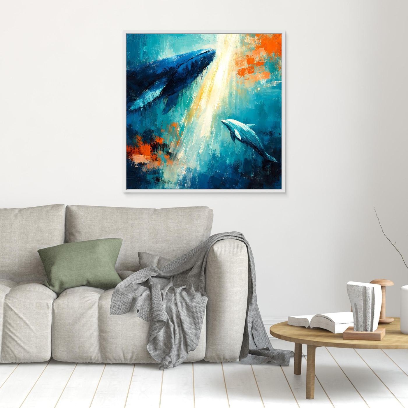 Leinwand Majestätischer Wal und Delfin im Lichtstrahl | Abstraktes Meeres Wandbild