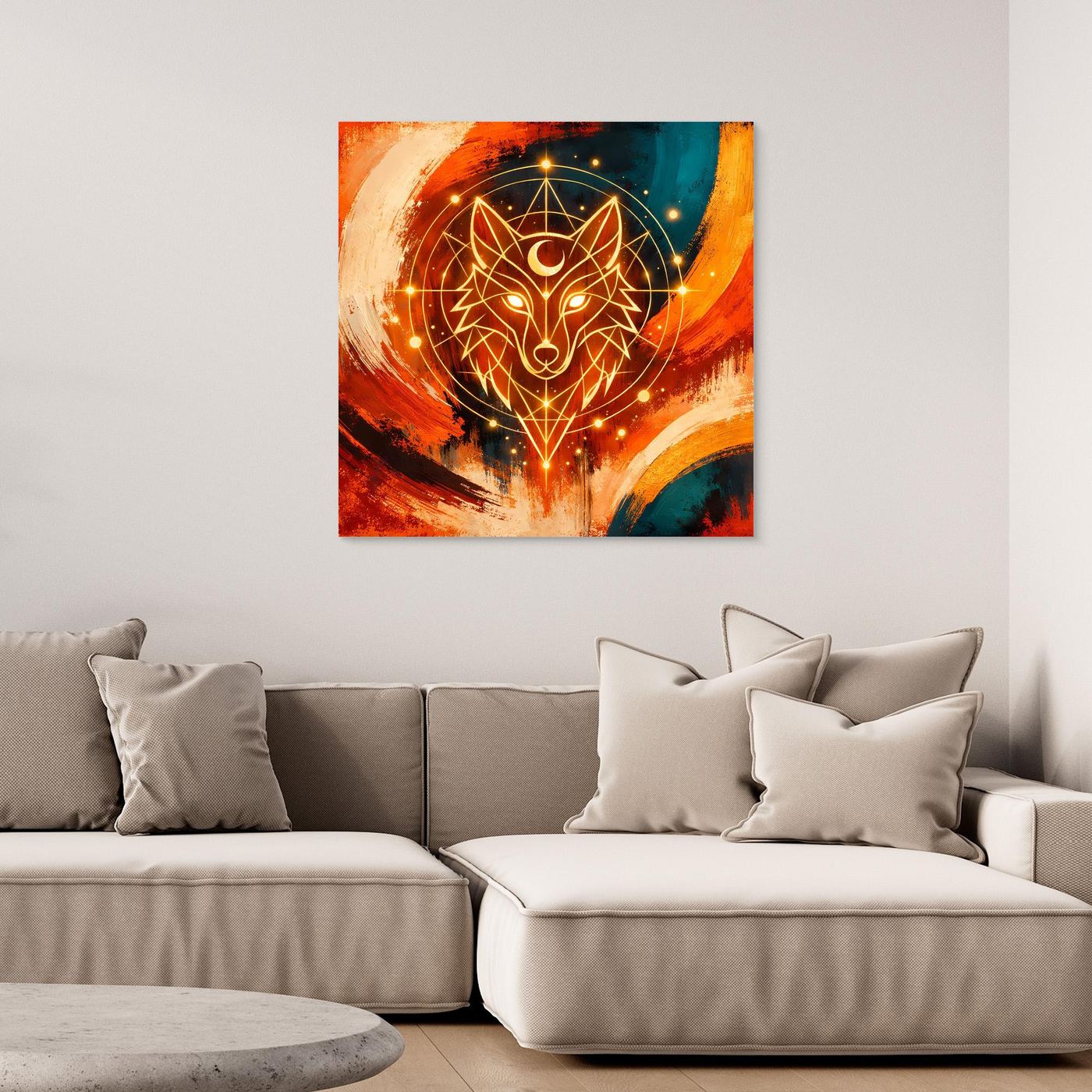 Gerahmtes quadratisches Leinwandbild mit abstraktem geometrischem Wolf in Orange und Blau