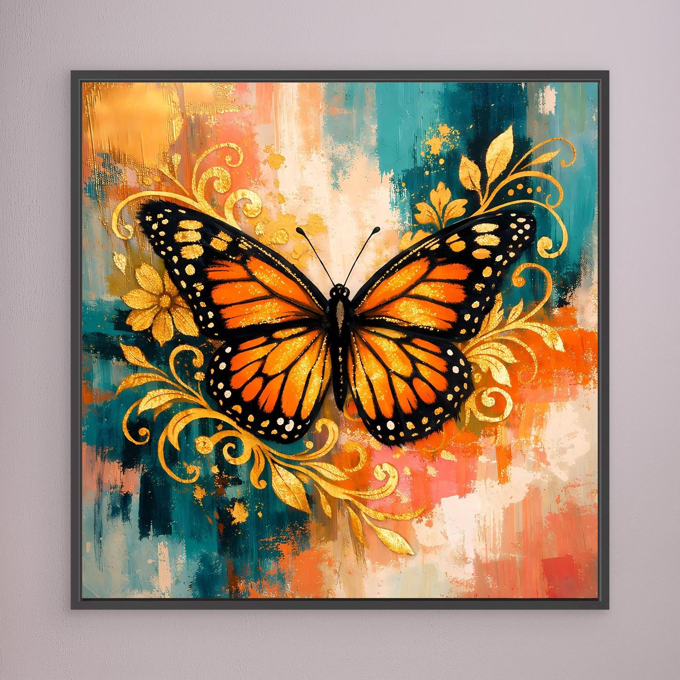 Leinwand-Wandbild im schwarzen Rahmen mit Monarchfalter in Orange, Blau und Goldornamenten