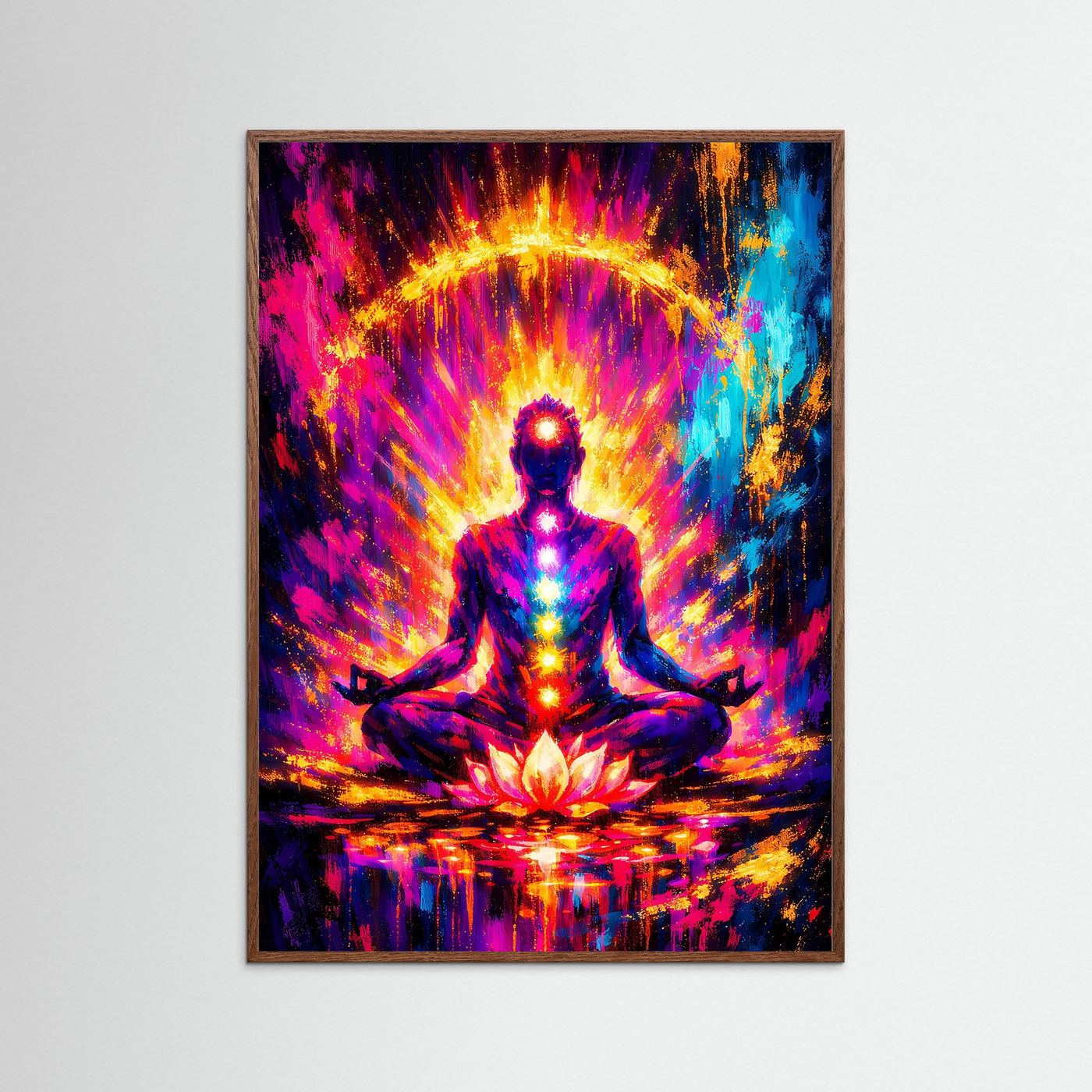 Meditationsposter mit Lotussitz-Figur, leuchtender Aura und Lotusblüte, heller Holzrahmen
