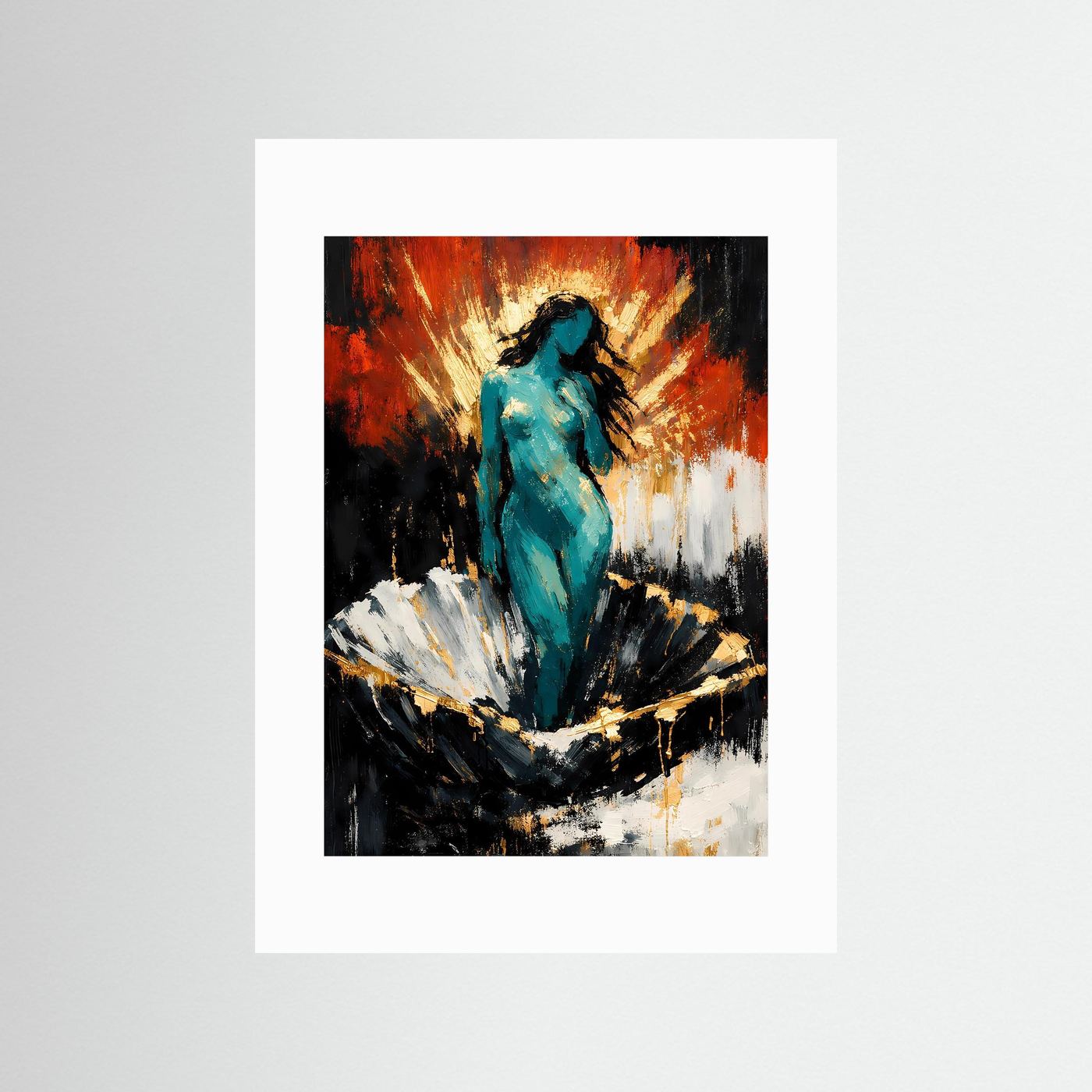 Kunstposter mit abstraktem Frauenportrait, türkisfarbene Figur, weißer Rand