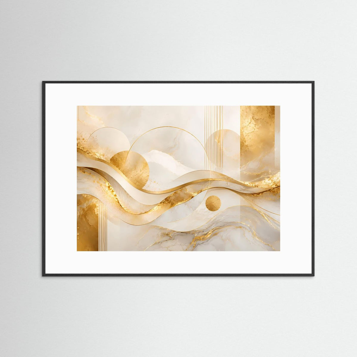 Abstraktes Querformat-Poster mit schwarzem Rahmen und weißem Passepartout, Wellen in Gold