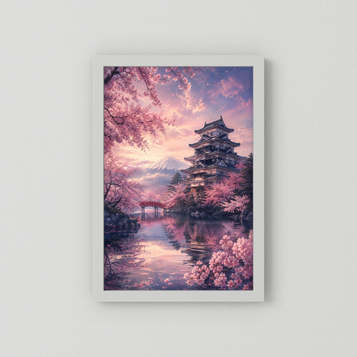 Hochformat-Poster ohne Holzrahmen, in weißem Rahmen: Pagode, Kirschblüten und Fluss