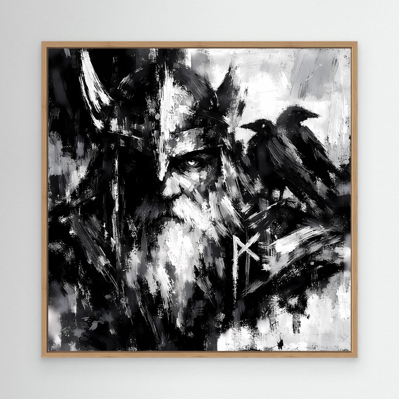 Leinwand-Wandbild mit Odin und Rabe, Schwarz-Weiß, Eichenrahmen