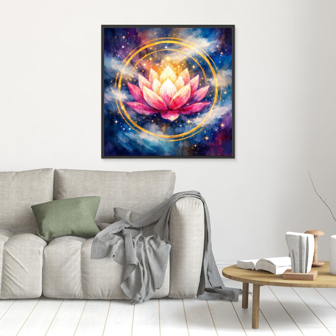 Quadratisches Leinwand-Wandbild Lotusblüte im Kosmos mit goldenen Kreisen, schwarzer Rahmen