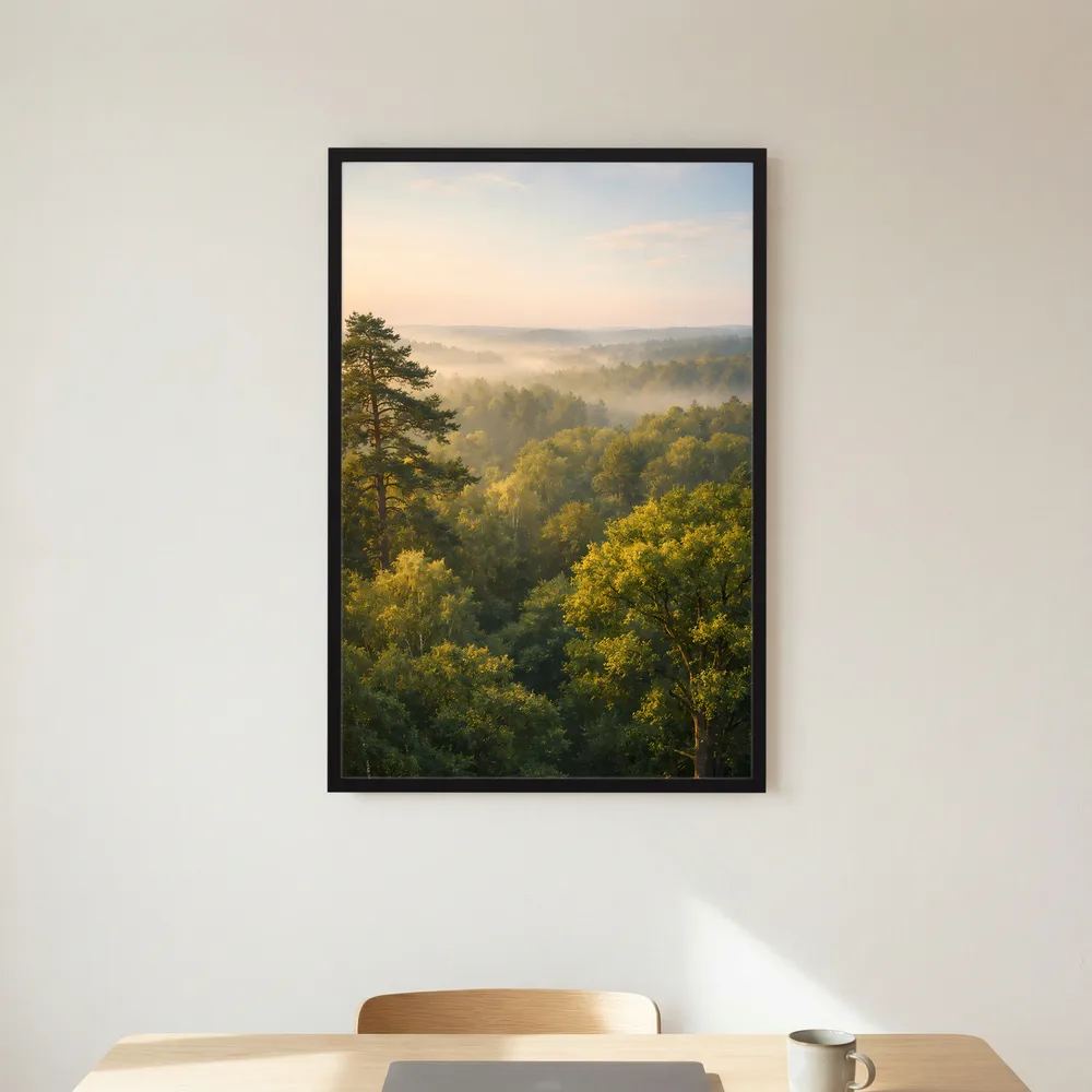 Hochformat-Poster mit Waldlandschaft in warmen Gelbgrüntönen und schwarzem Rahmen