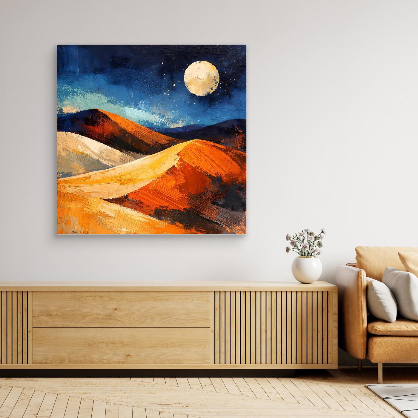 Canvas wall art with moonlit desert dunes in orange, white, and blue hues