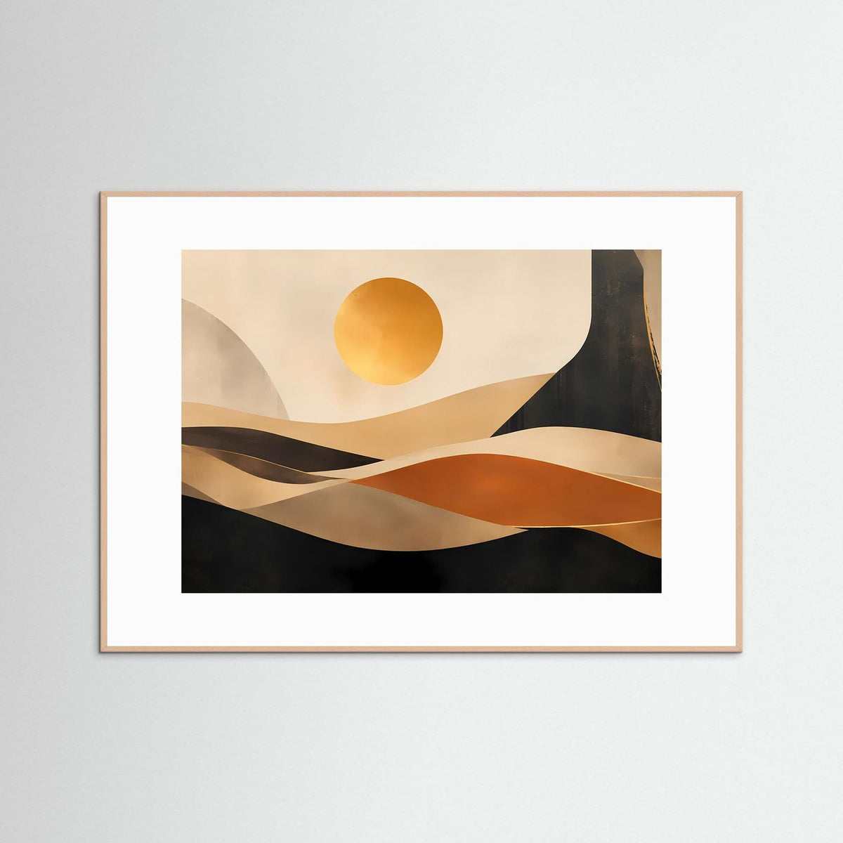 Querformat-Poster mit abstrakten Dünen und gelber Sonne in beige, schwarz und Terrakotta, beige-weißer Rahmen.