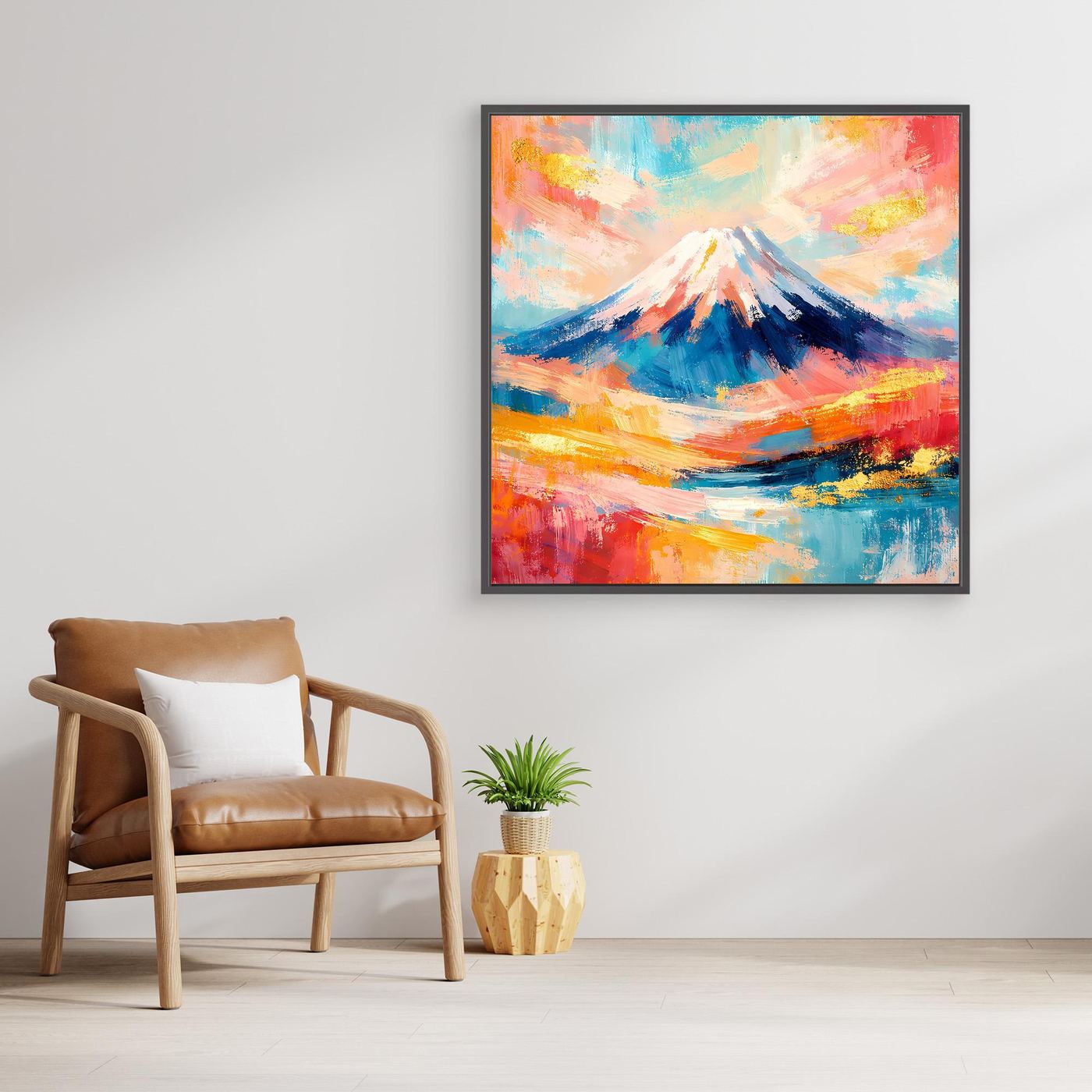 Leinwandbild mit abstraktem Mount-Fuji, farbige Berglandschaft, schwarzer Rahmen