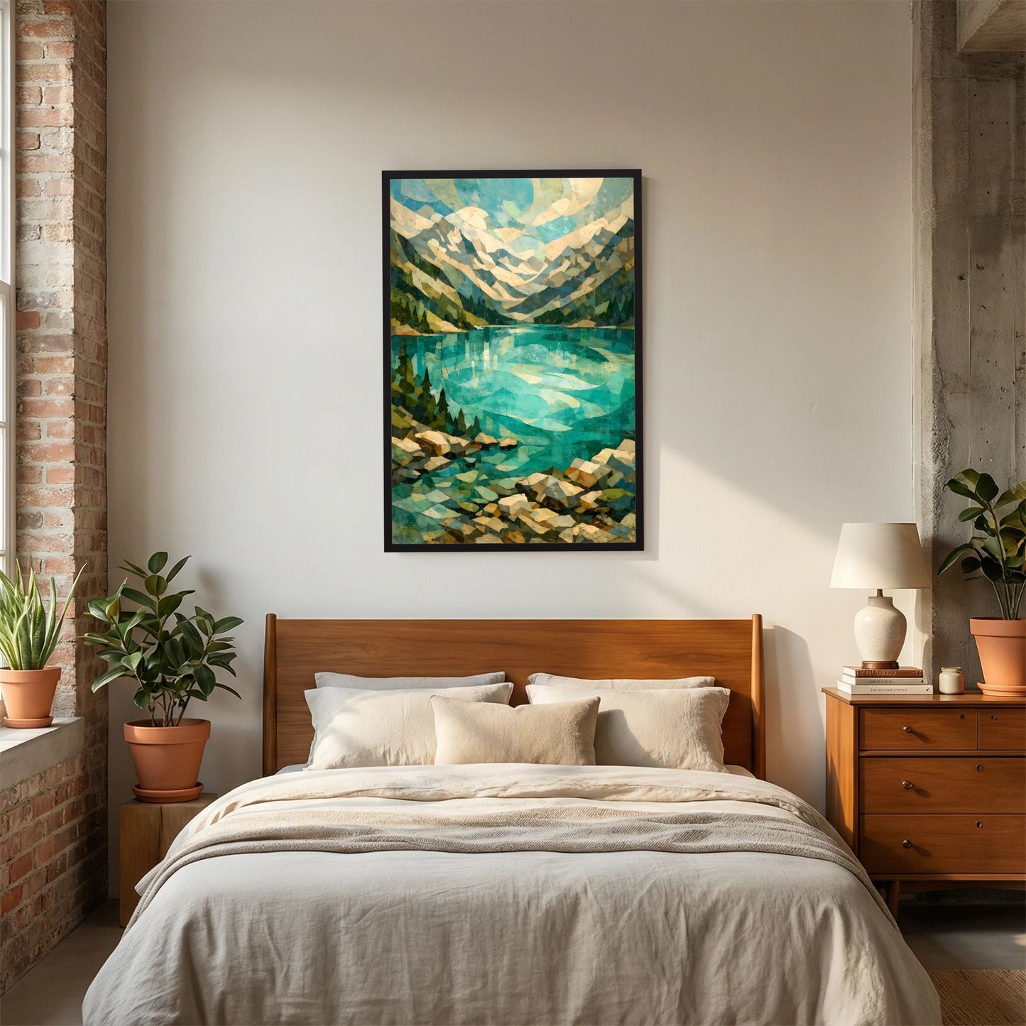 Kunstposter im Hochformat mit abstrakter Alpenlandschaft und türkisfarbener Spiegelung, schwarz gerahmt