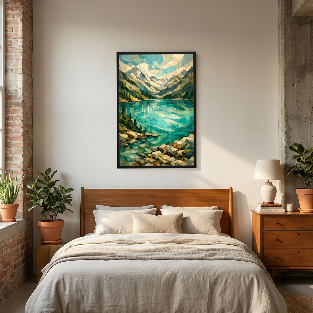 Kunstposter im Hochformat mit abstrakter Alpenlandschaft und türkisfarbener Spiegelung, schwarz gerahmt
