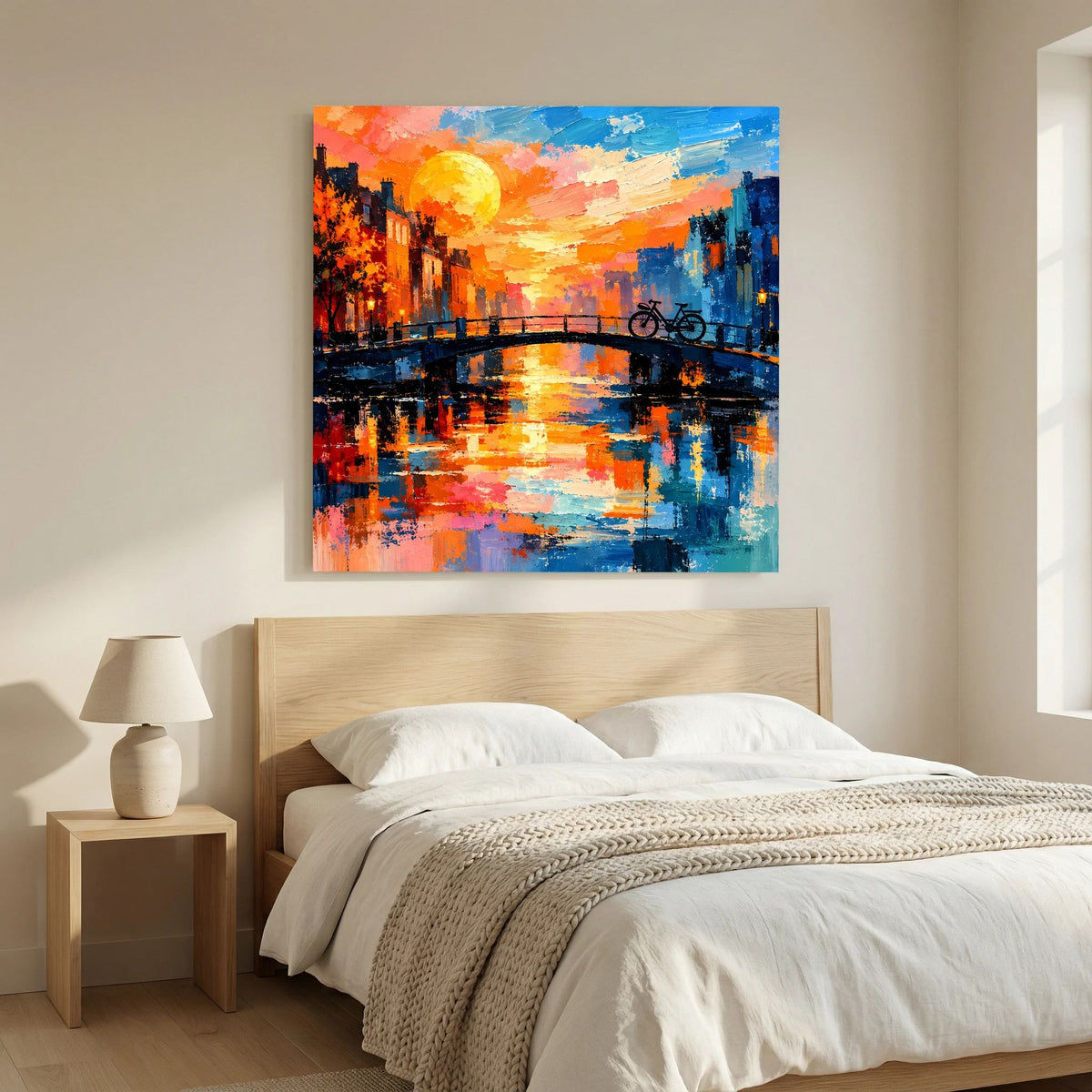 Leinwand Abstraktes Amsterdam Gemälde | Modernes Romantisches Grachten Wandbild mit Fahrrad
