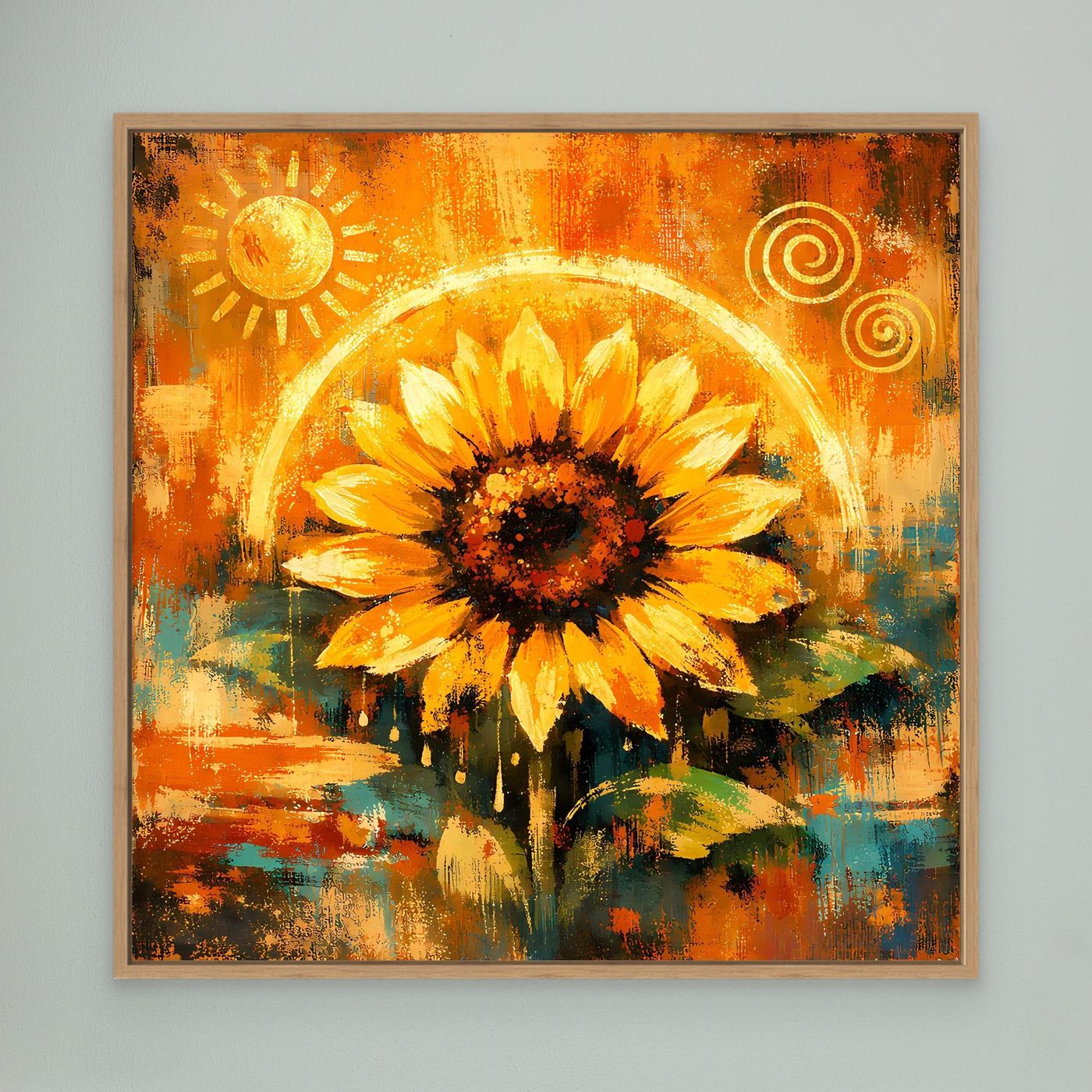 Abstraktes Leinwand-Wandbild mit goldener Sonnenblume, Sonne und Kreismotiven, Eichenrahmen