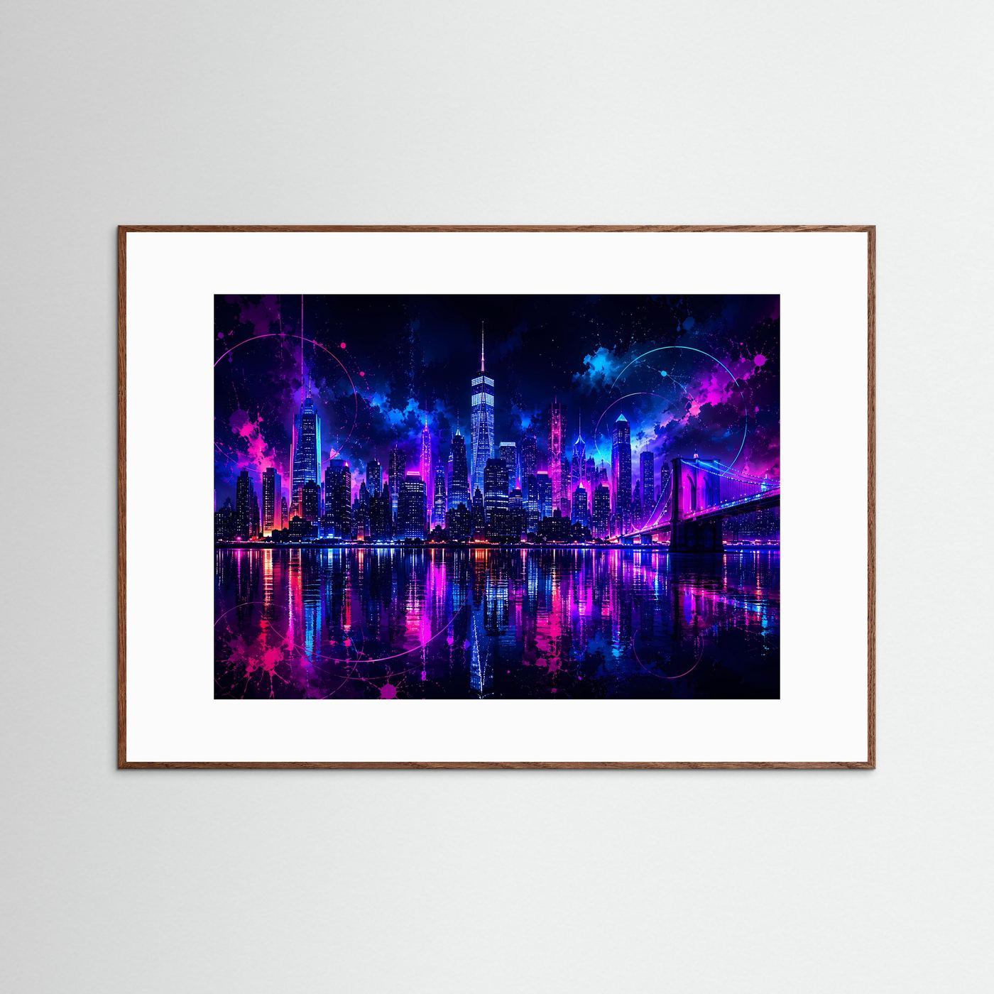 Neon New York Skyline Poster | Futuristische Cyberpunk Stadt bei Nacht | Moderne Wandkunst in Pink & Blau