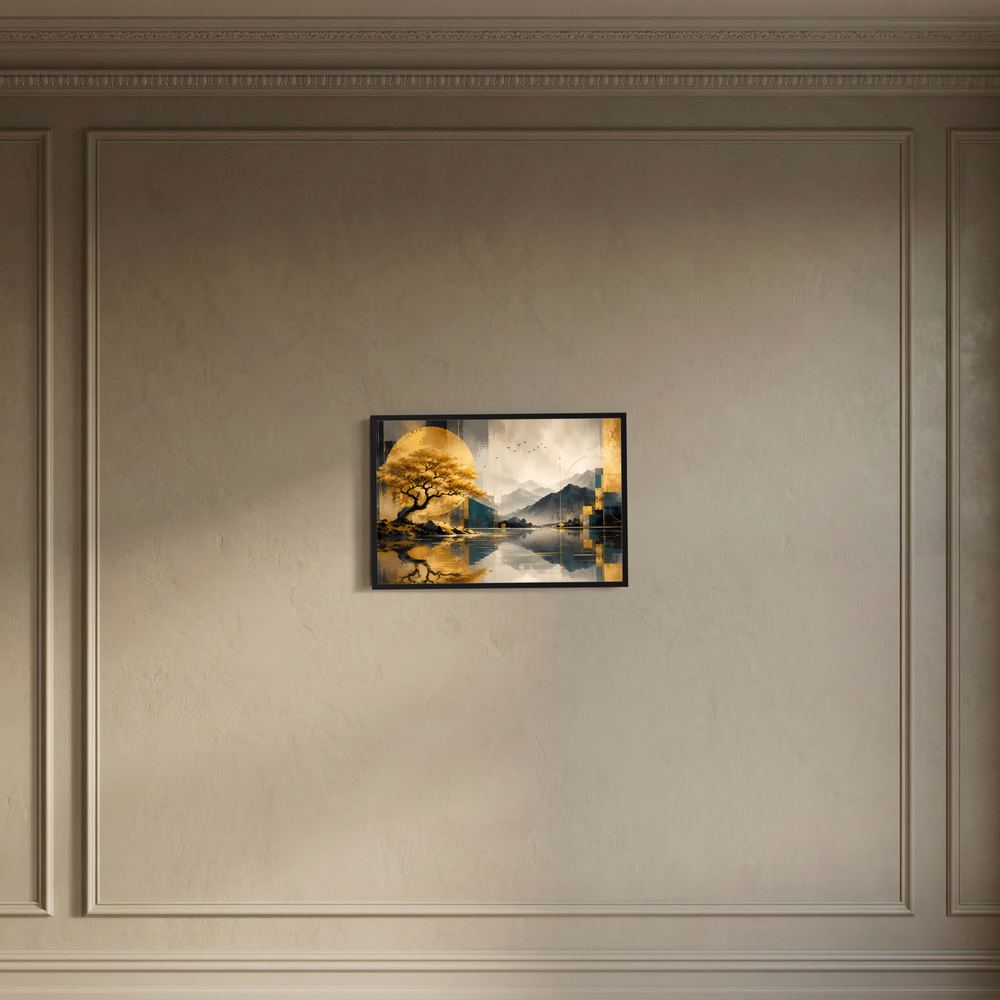 Kleiner gerahmter Kunstdruck mit goldenem Baum über Bergsee, goldene Akzente auf Wand
