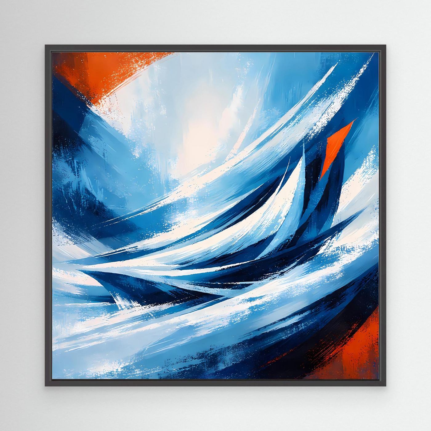 Leinwandbild mit abstrakten Wellen in Blau und Weiß, orange Akzente im schwarzen Rahmen