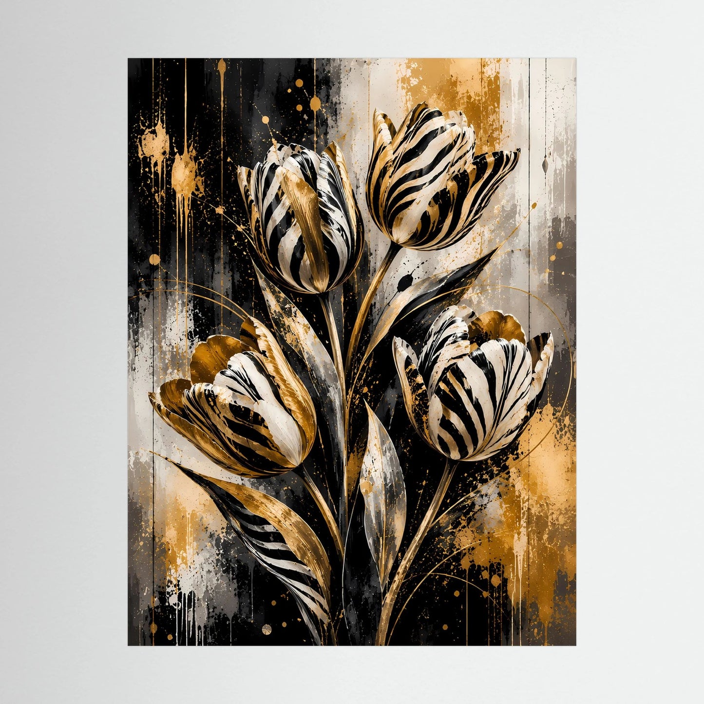 Nahansicht des Hochformat-Posters: abstrakte Tulpen in Schwarz, Weiß und Gold