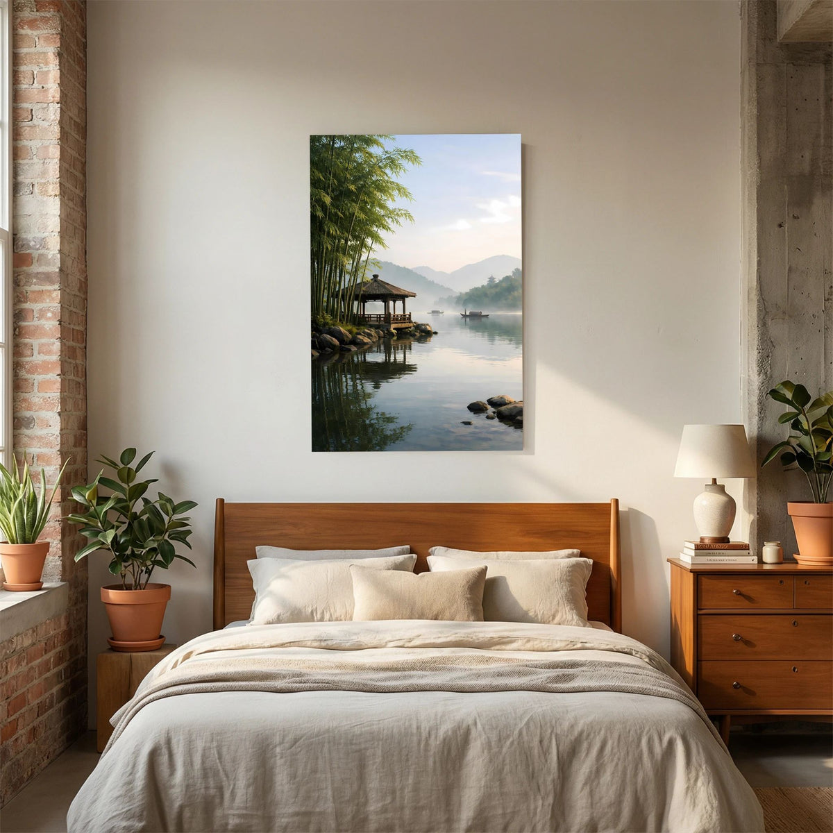 Hochformat-Wandbild mit Bambus am Flussufer, Stegpavillon und leichtem Dunst