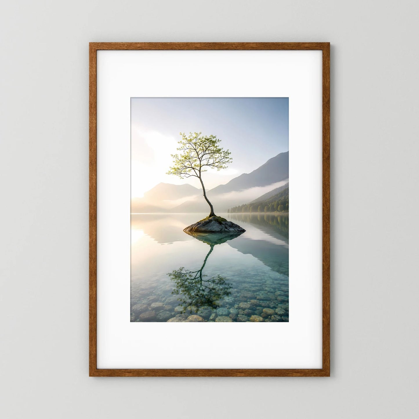 Einsamer Baum im Bergsee | Minimalistische Natur mit Spiegelung | Poster Hochformat