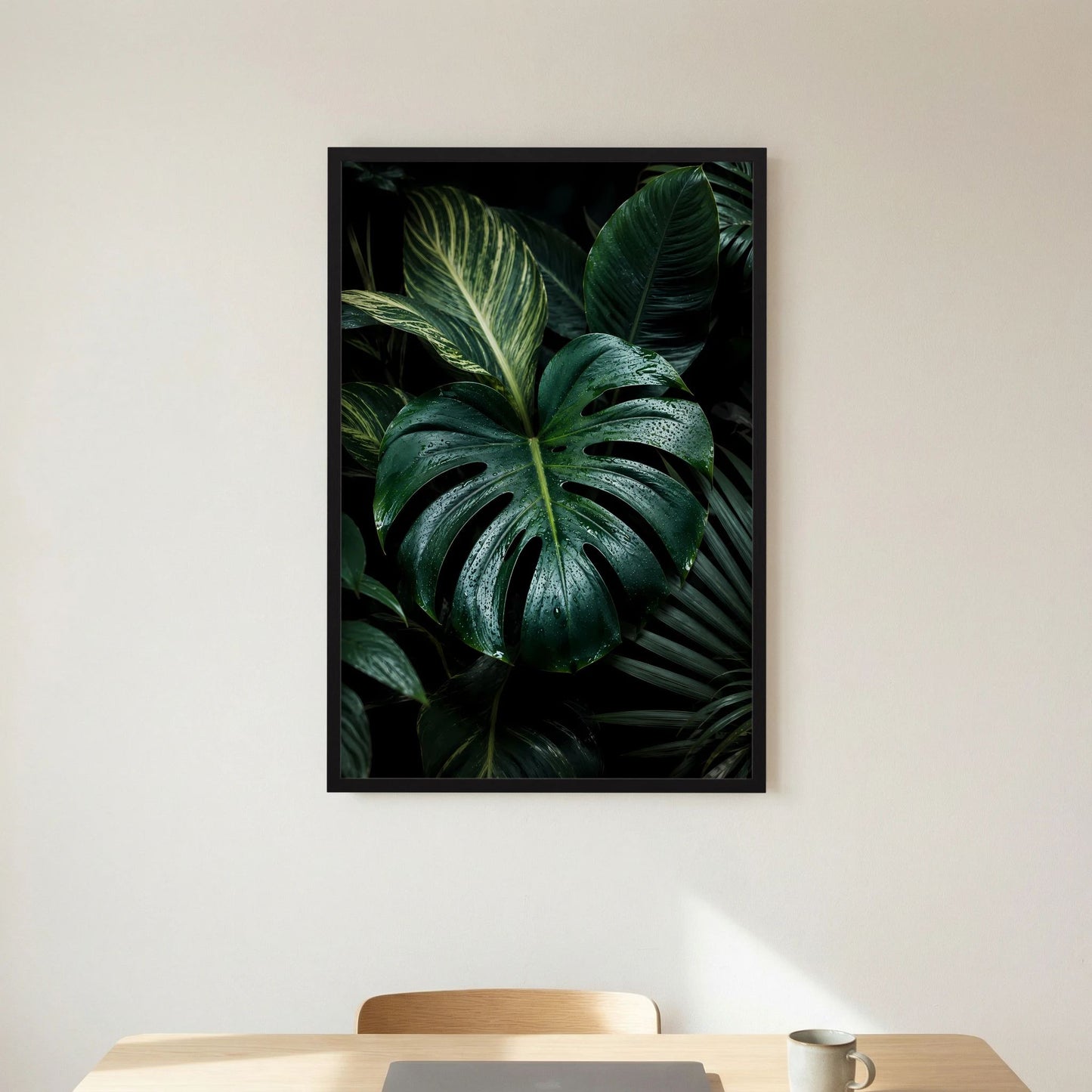 Gerahmtes Poster mit großen Monstera-Blättern, dunkles Grün, schwarzer Rahmen