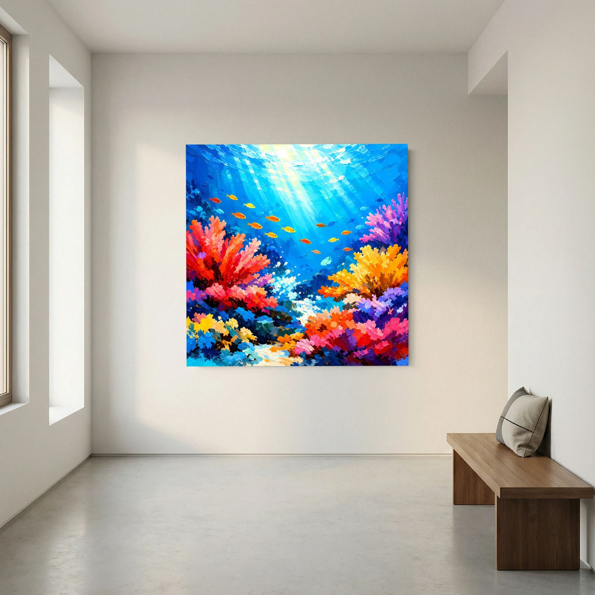 Quadratisches Leinwandbild: Unterwasserwelt mit Korallenriff, farbigen Fischen und Lichtstrahlen
