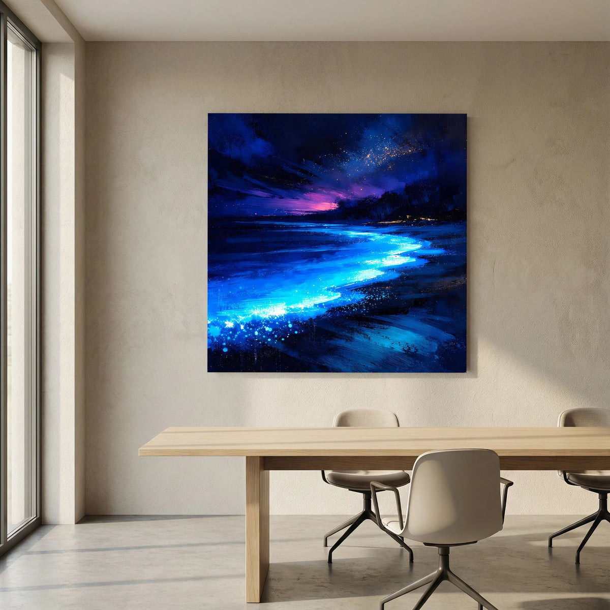 Leinwandbild Strand bei Nacht an der Wand: blaues Leuchten im Wasser und violetter Himmel.