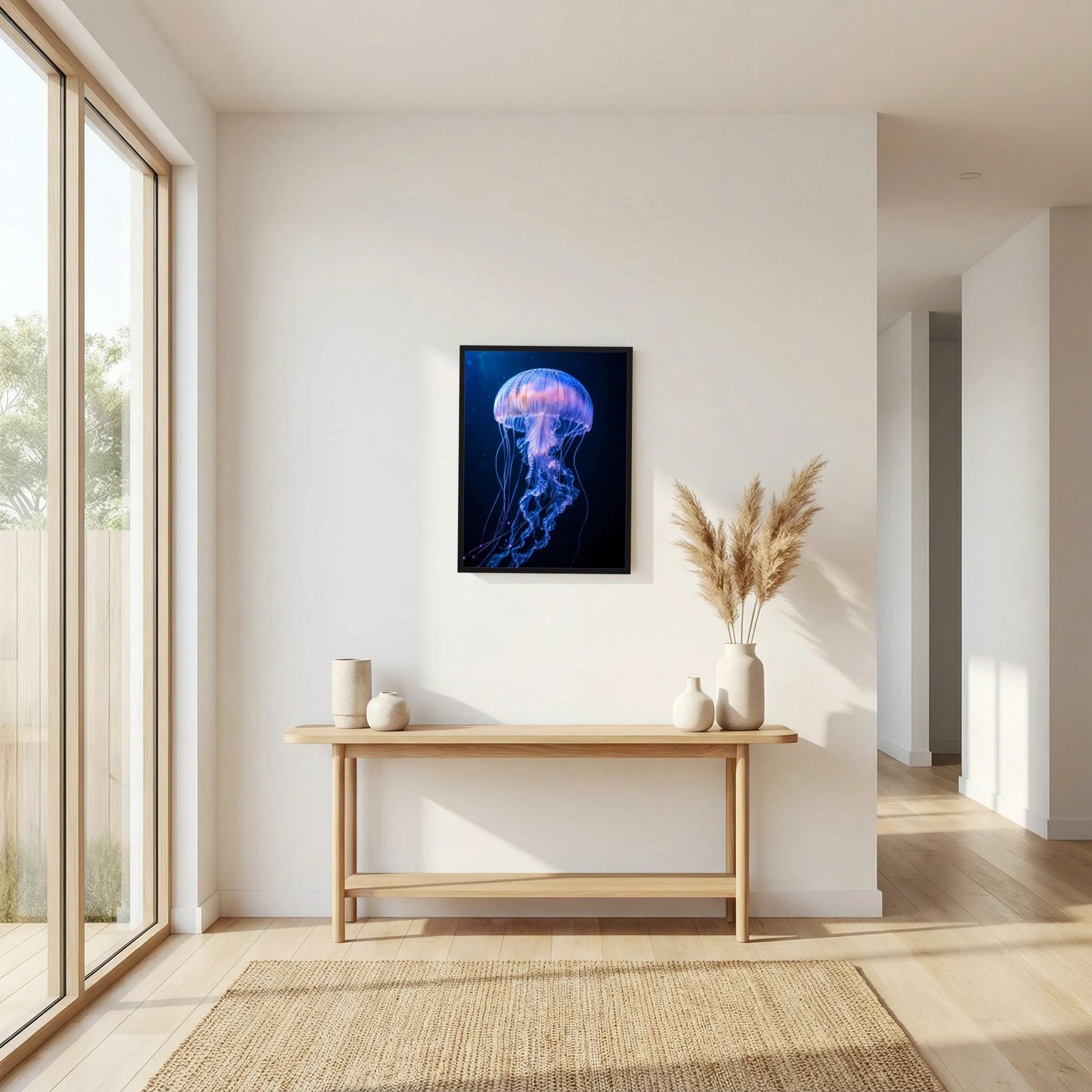 Poster im schwarzen Rahmen mit leuchtender Qualle in Blau-Violett