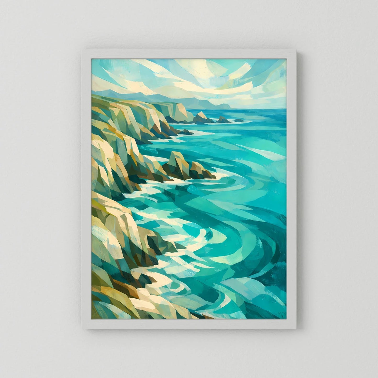 Poster Hochformat: abstrakte Meereslandschaft mit türkis Wellen & Felsen, weißer Rahmen