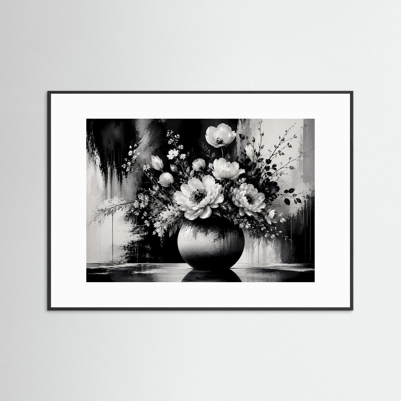 Schwarz Weiß Blumen Poster | Eleganter Blumenstrauß in Vase | Moderne Florale Wandkunst | Monochromes Wandbild