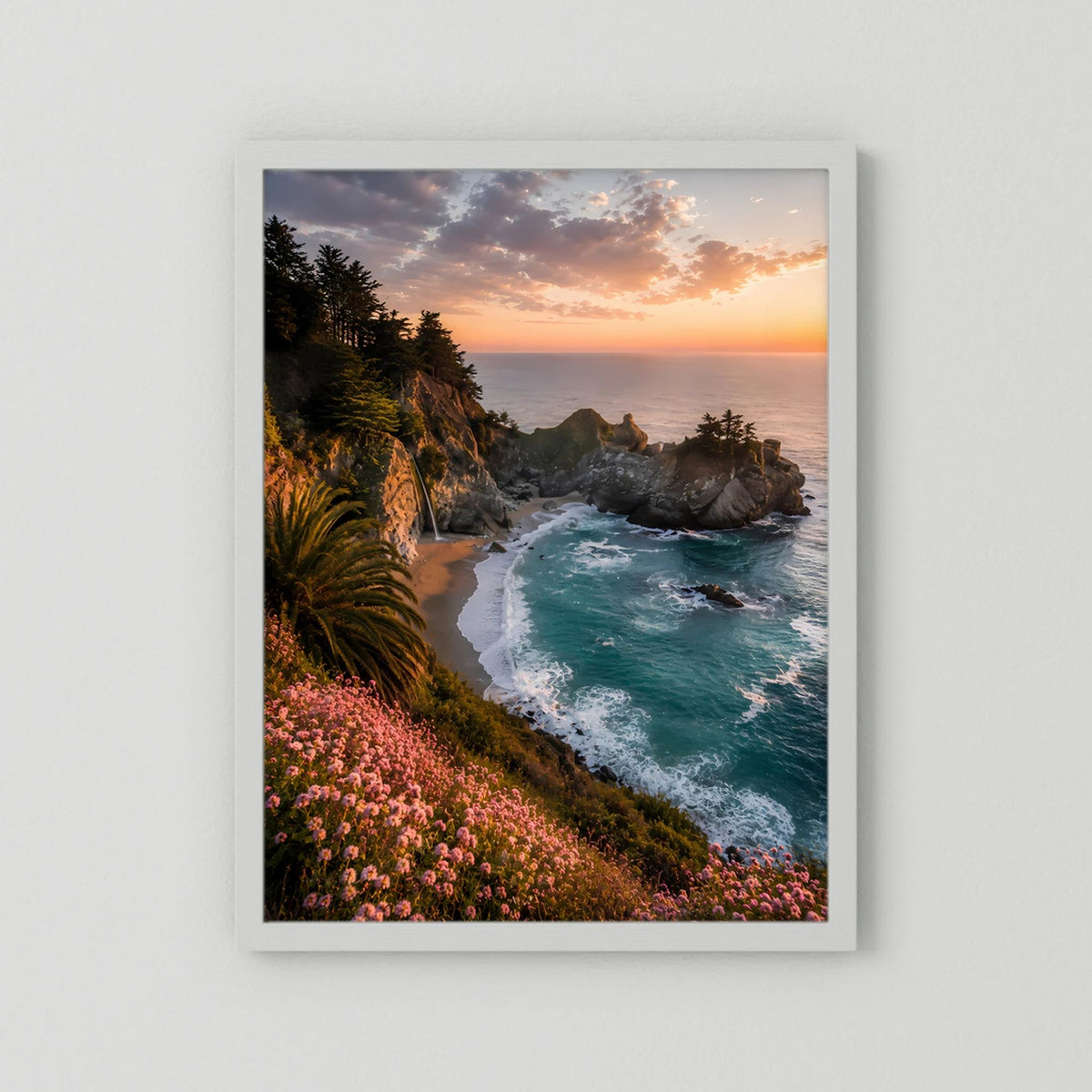 Kunstposter Hochformat mit weißem Rahmen: Felsküste, türkisblaues Meer, Blumen, Sonnenuntergang
