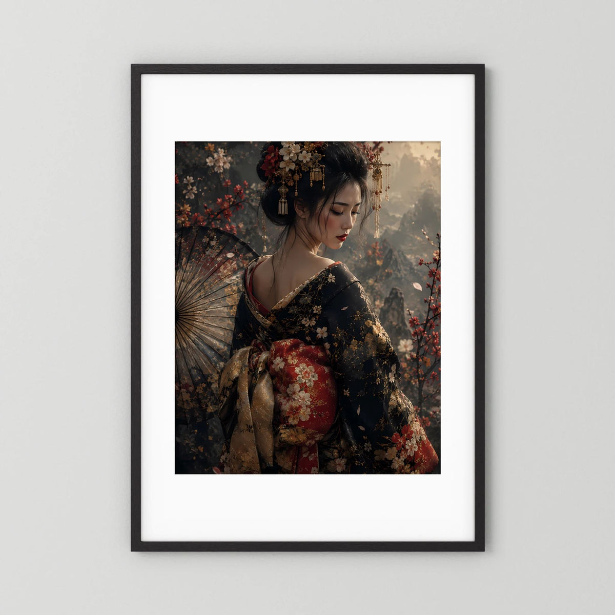 Hochformat-Poster mit Geisha im floralen Kimono und Fächer, schwarzer Rahmen