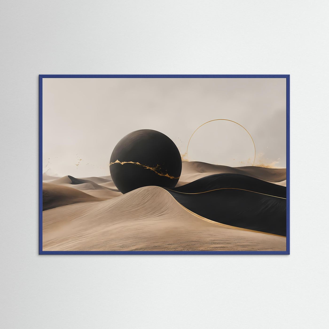 Minimalistische Wüstenlandschaft in Schwarz & Beige | Abstrakte Kunst mit Gold