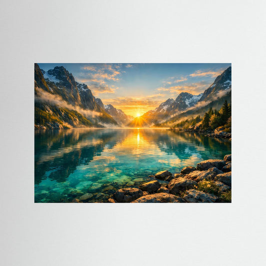 Panoramaposter mit Sonnenaufgang über Bergsee, Berge und Felsen am Ufer, blauer Holzrahmen